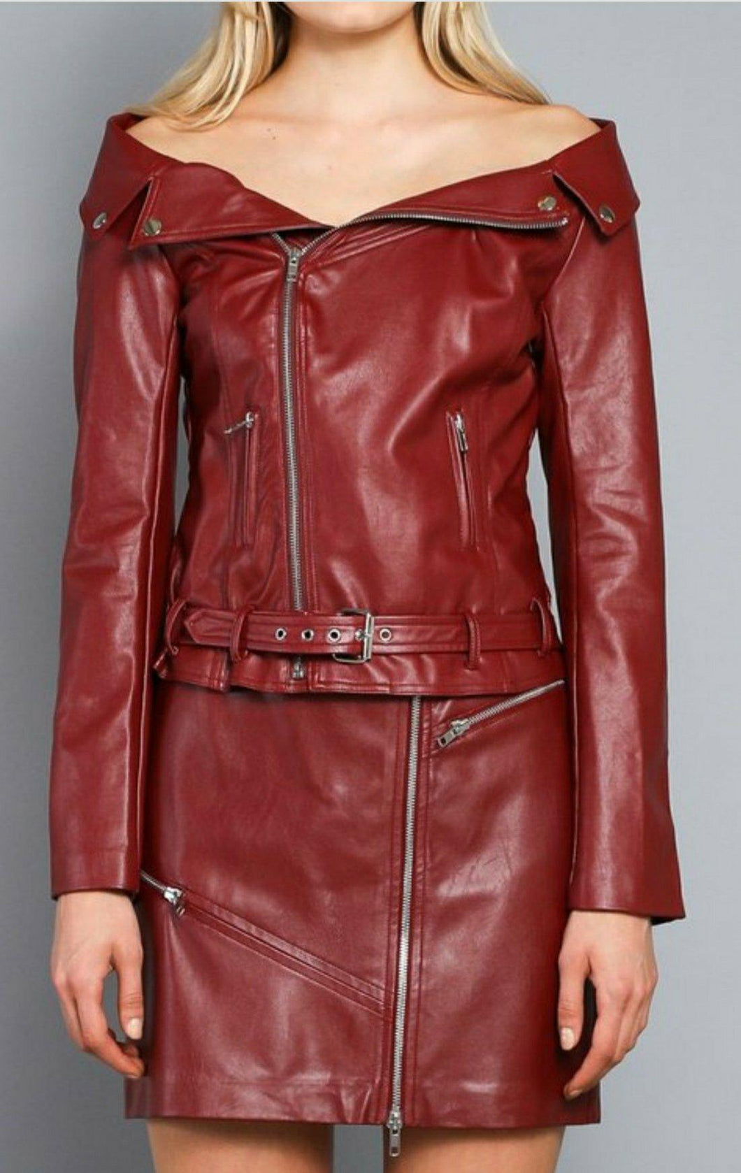 Leather jacket top off shoulder