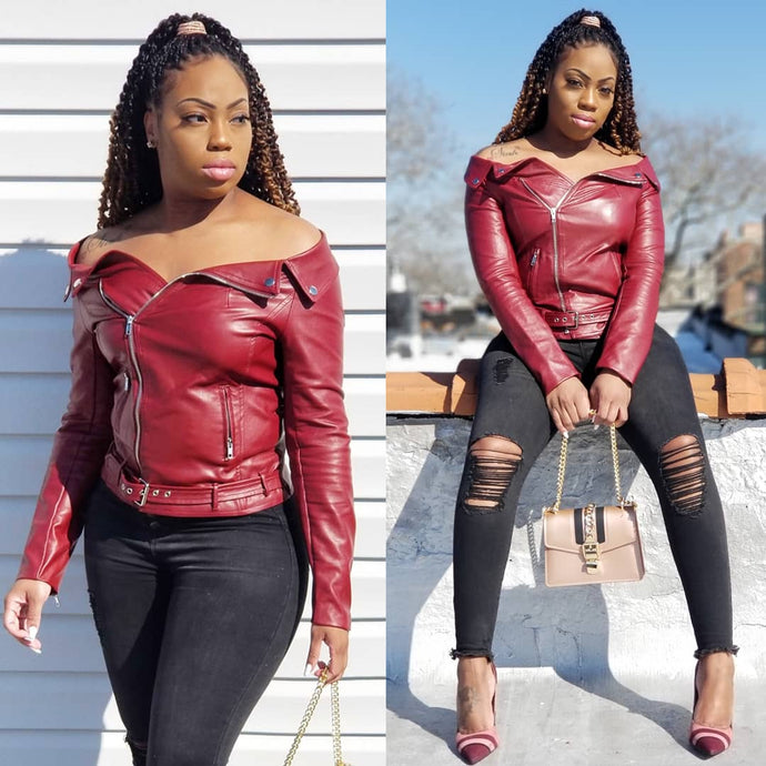 SASHA OFF THE SHOULDER FAUX LEATHER JACKET (WINTER RED)