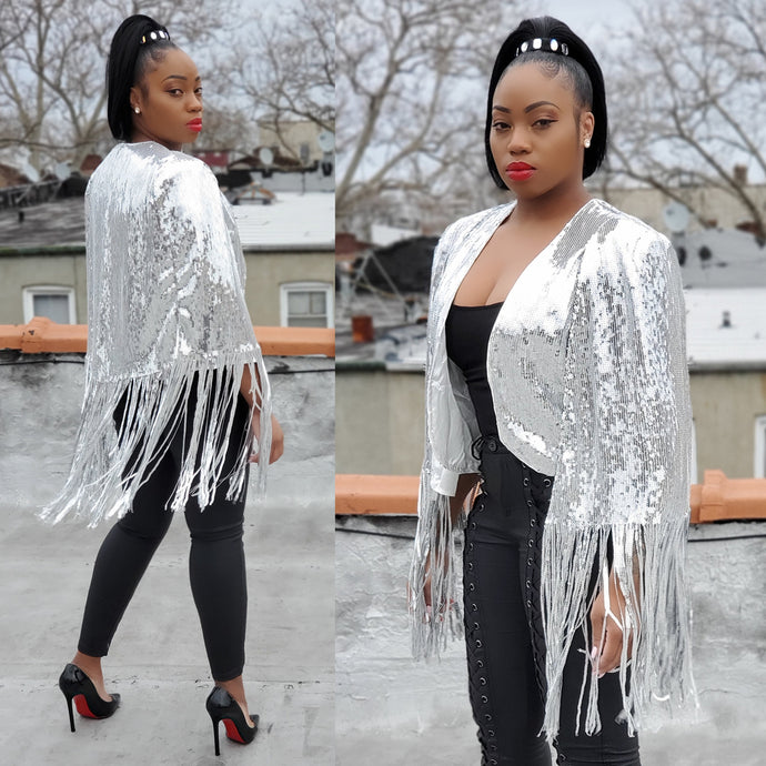 AMEERA SEQUIN FRINGE CAPE